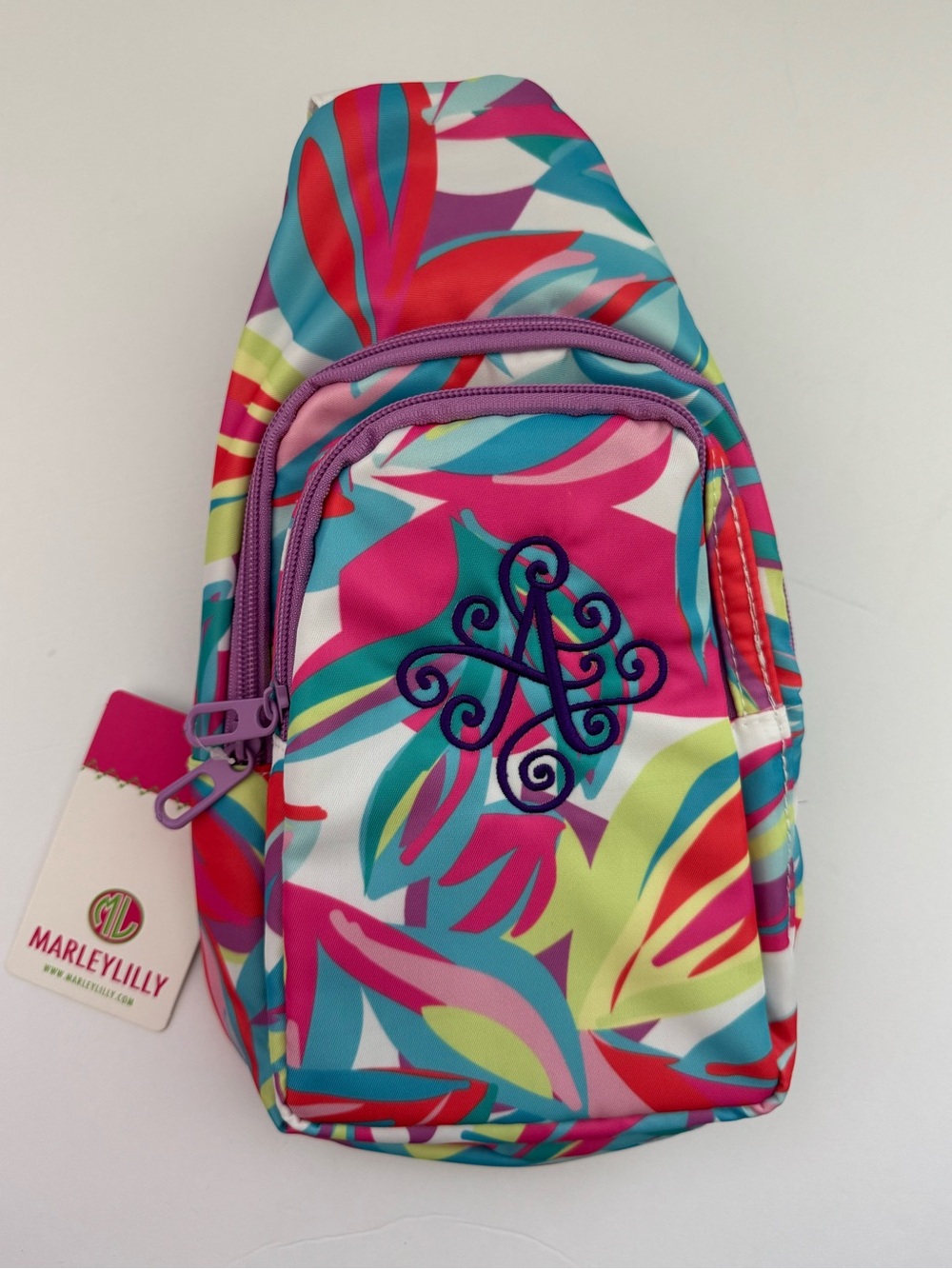 Marleylilly Personalized Sling Backpack In The Tropics Purple Pink Initial A New